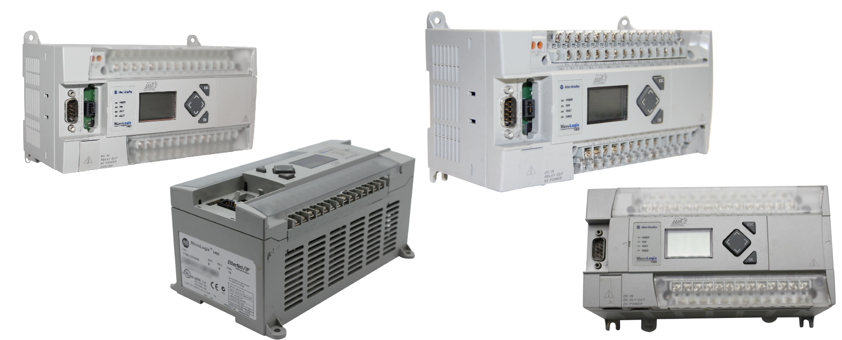 Collage of images depicting MicroLogix 1400 units
